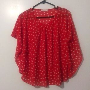Chris & Carol, Size Small, Red & white polka dots, sheer blouse. Vintage style.